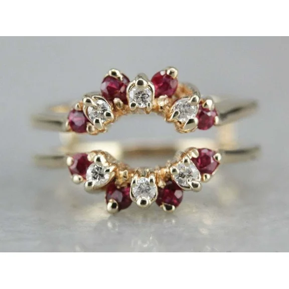 1.00Ct Round Cut Lab Created Diamond Ruby Enhancer Wrap Wedding Ring in 14k Yellow Gold Plated