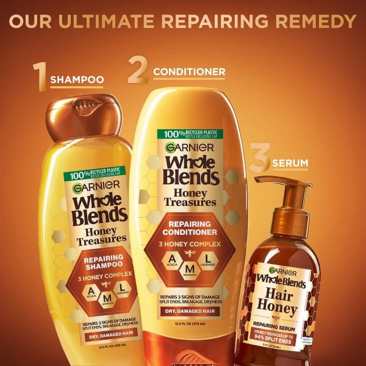 Garnier Whole Blends Honey Treasures Repairing Shampoo, Conditioner, & Leave-in Serum Set for Dry, Damaged Hair, 28 fl oz