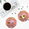 thumbnail image 4 of Honeii Flamingo Riding a Bicycle print Leather Coaster Set of 4, ideal for safeguarding your furniture from drinks spills and effortless cleanup-Octagon, 4 of 6