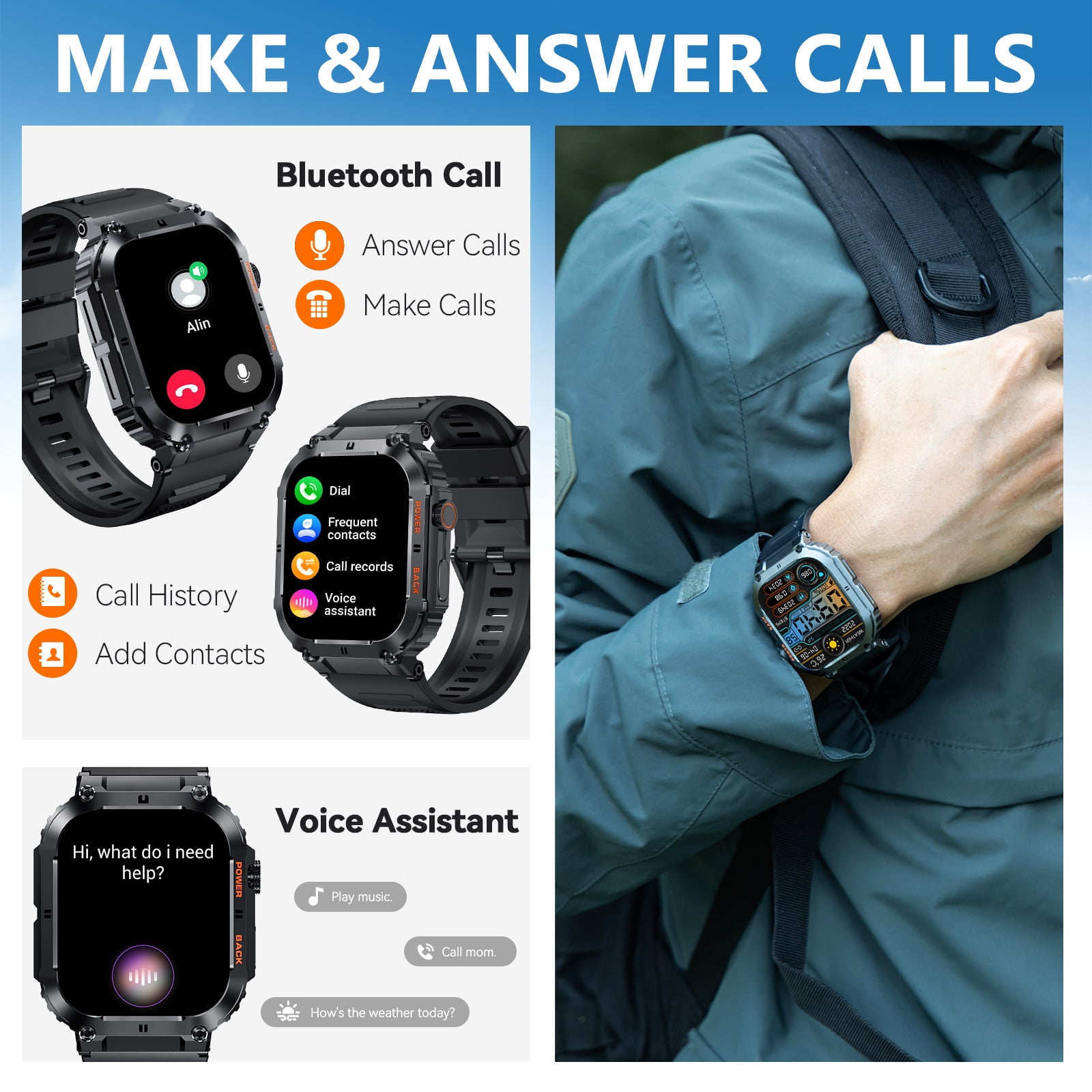 Pakrys Military Smart Watches for Men 1.96” HD Rugged Smart Watch (Answer/Dial Calls) Outdoor Tactical Sports Watch Fitness Activity Tracker Smartwatch for iPhone Compatible with Android Phones