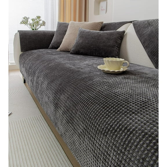 XmhyTop Farmhouse Plaid Chenille Couch Sofa Cover Super Soft Plush Sectional Couch Covers Anti-Slip Solid Sofa Slipcover for Dogs, Pets Furniture Protector (Dark Grey,28"x28")