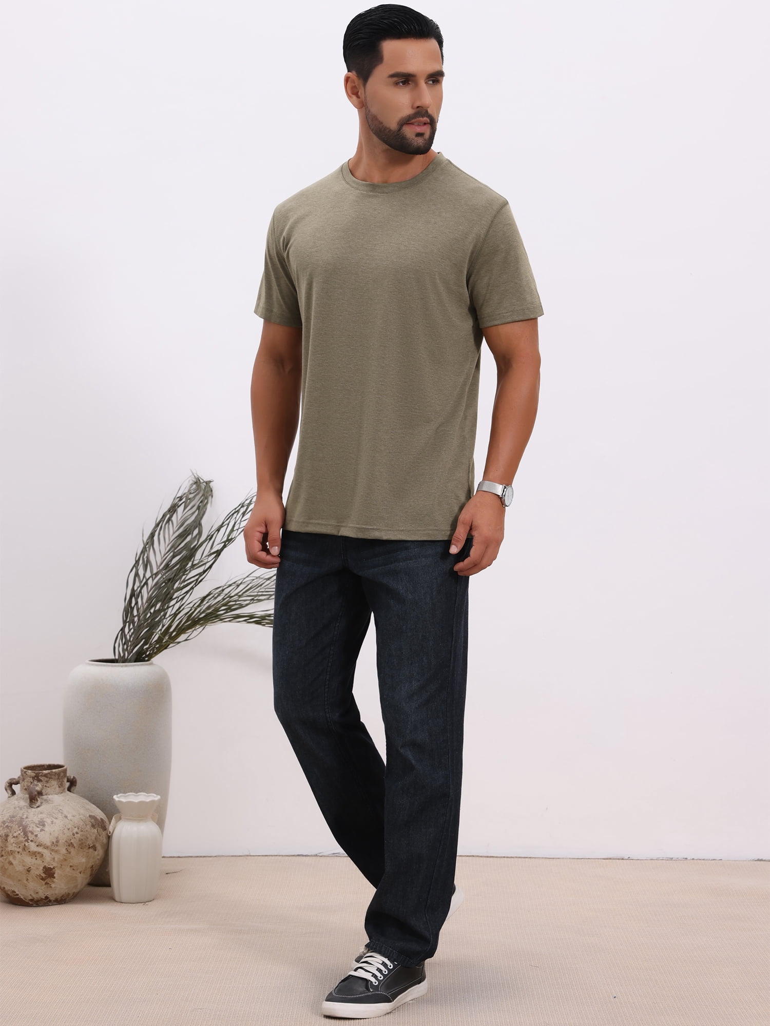 DARING DIVA Men's Crew Neck Short Sleeve Solid Color Retro Style T-Shirt 2XL Khaki