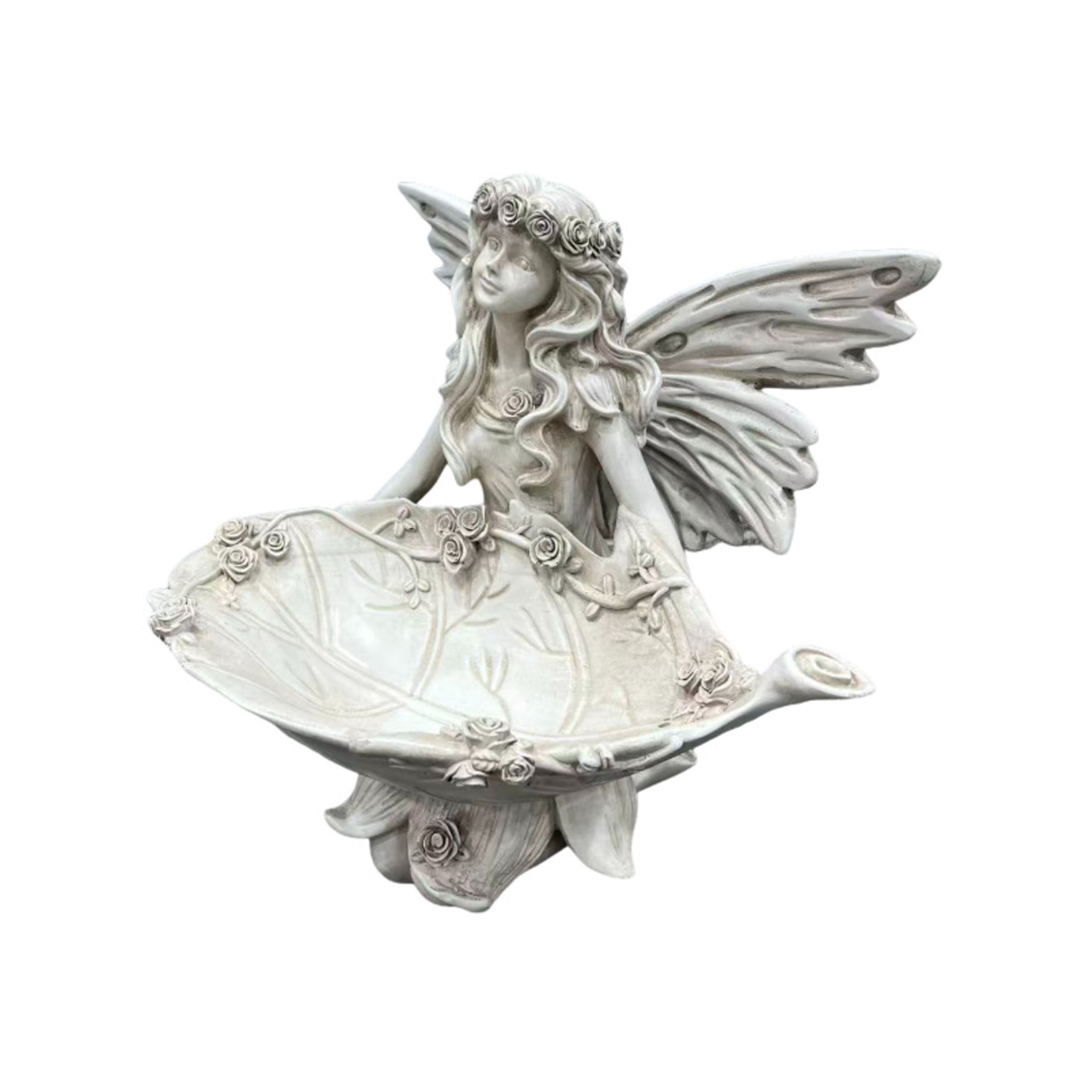 GDF Studio Fairy Angel Garden Statue with Leaf Tray, Vintage Off-White Resin Sculpture Figurine, Outdoor Yard Lawn Decor