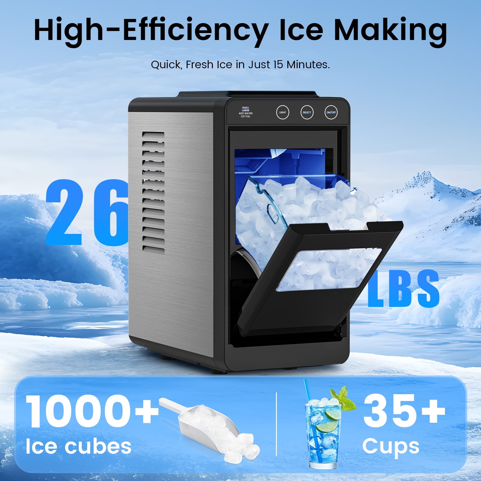 KNDKO Ice Maker, 26lbs in 24Hrs, 8 Cubes in 6 Mins, 0.8L Tank & 1.1lb Storage, Auto Clean with Basket & Scoop, Portable for Home/Kitchen/Camping/RV