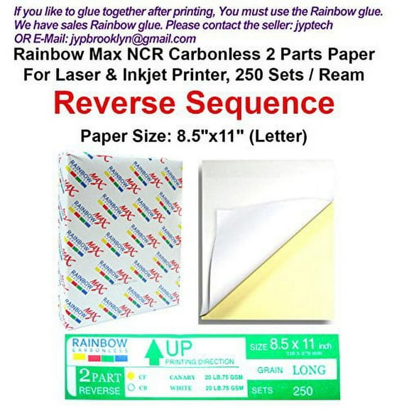 Rainbow Max NCR Carbonless Papers 2 Parts, Letter Size, White & Canary, for Laser & Inkjet Printer (250 Sets)