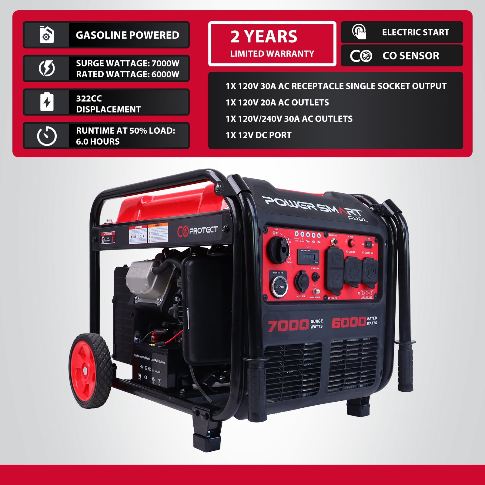 PowerSmart 7000 W RV Ready Electric Start Portable Open Frame Inverter Generator with Quiet Technology and CO Shield