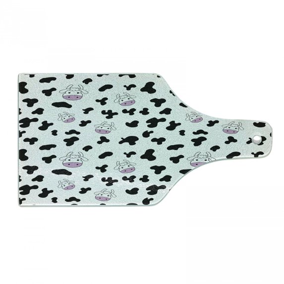 Cow Print Cutting Board, Animal Cow Hide Pattern Doodle Cartoon Drawing Farming Husbandry, Decorative Tempered Glass Cutting and Serving Board, Wine Bottle Shape, Black White Lilac, by Ambesonne