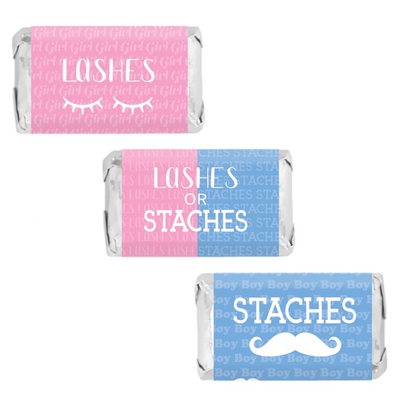 Mini envoltorios para barra de dulces Baby Gender Reveal - Pestañas o staches - 45 pegatinas