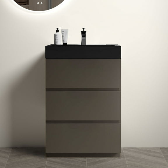 24" Gray Bathroom Vanity with Black Sink, One-Piece Black Sink Basin, Large Storage Freestanding Bathroom Vanity for Bathroom(without Drain and Faucet)