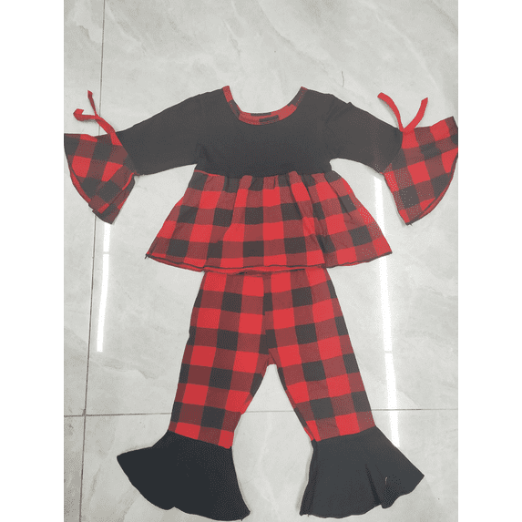 Little Girls 2-piece Suit Flared Plaid Trousers Long Flared Sleeve with Drawstring Lace Pullover Top