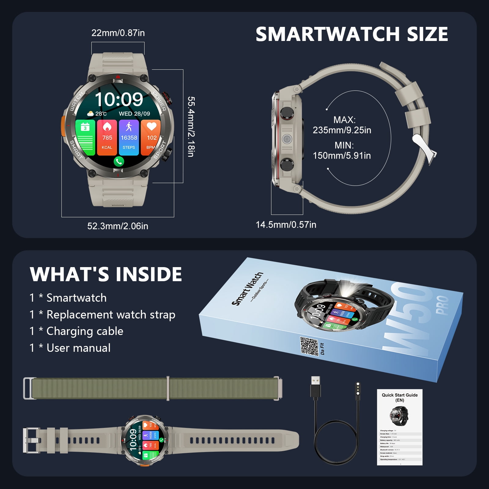 Blackview Military Smart Watch for Men, 1.45" HD Display Bluetooth Calling Smartwatch with Flashlight, Compass, 960mAh Battery, 100+ Sports Modes, Rugged Fitness Watch for Android iPhone, Khaki
