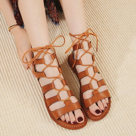 

Hvyes Women s Gladiator Strap Sandals Flat Fisherman Cross Strappy Sandals Summer Roman Open Toe Sandals Lace up Flat Sandals Retro Women Sandals Size 9
