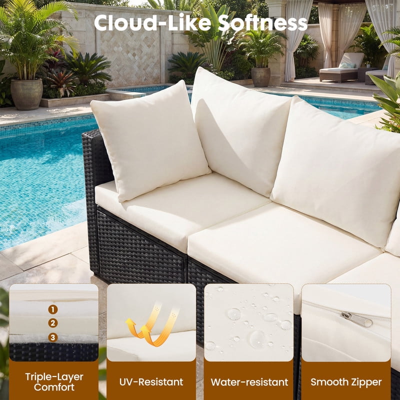 Gianna 7 Piece Outdoor Patio Sectional Sofa, Modular Wicker Furniture Set with 2.8" Thick Cushions, Adjustable Feet, All-Weather Rattan Outdoor Couch for Backyard, Poolside, Black