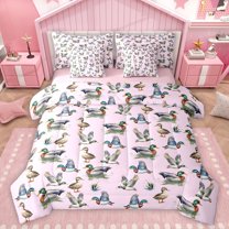 Homewish Rustic Mallard 7-Piece Bedding Comforter Set,Country Farm Duck King Bedding Sets,Pink Gray Green Bed Sheets For Girls Kids,Ultra Soft Home Decor Reversible
