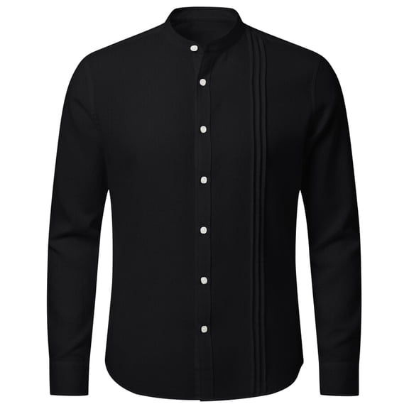 XIAONU Pleated Detail Stand Collar Shirts for Men Long Sleeve Button Down Button Up Shirt Smooth formal Business Shirts