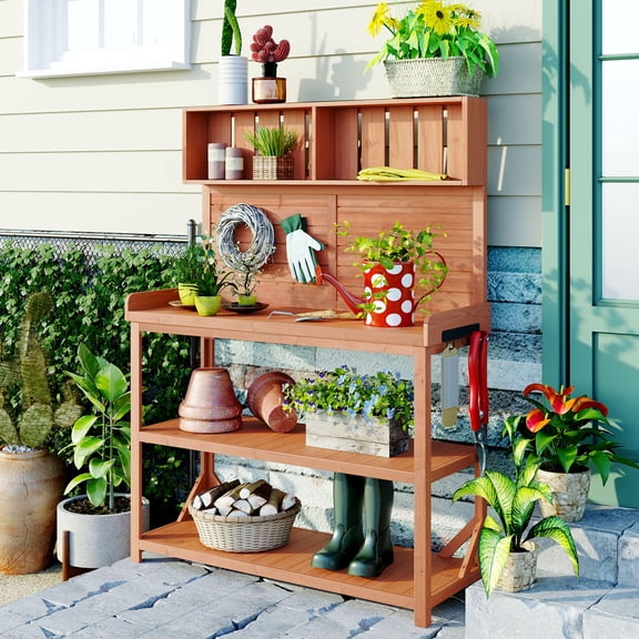 Patio Table, TOPMAX 65" Large Wooden Farmhouse Rustic Outdoor Potting Bench Table, Patio Workstation, Garden Potting Bench with 4 Storage Shelves and Side Hook,Natural, Natural Outdoor Dining Table