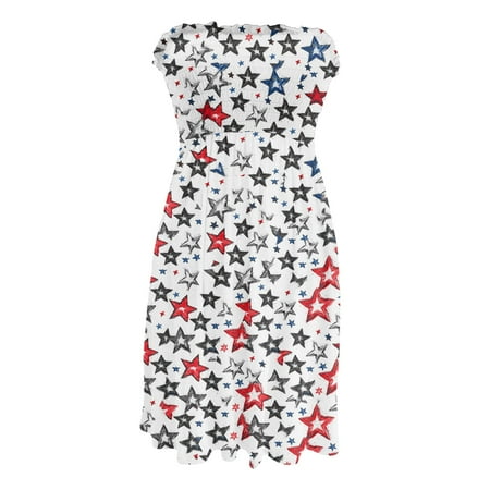 CHCNHAC Independence Day Beach Dresses for Women Patriotic American Flag Graphic Dresses Flattering Flowy Swing Strapless Wedding Guest Dress Deep Red S