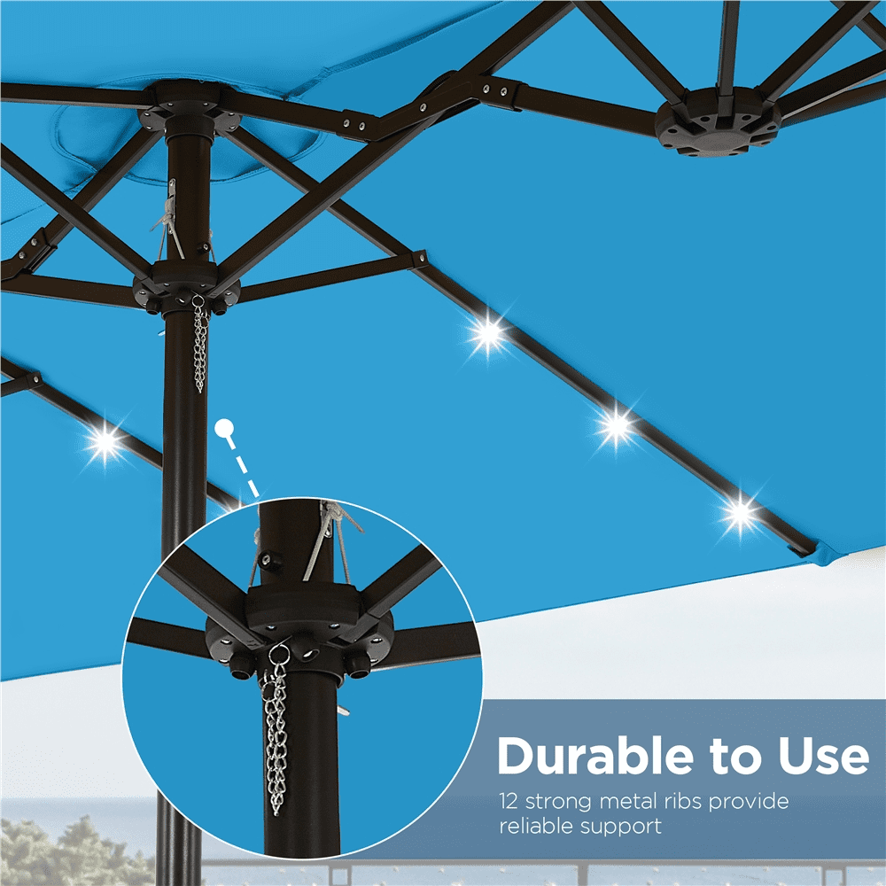 Renwick 13ft Large Patio Umbrella with Solar Lights & Base, Sky Blue