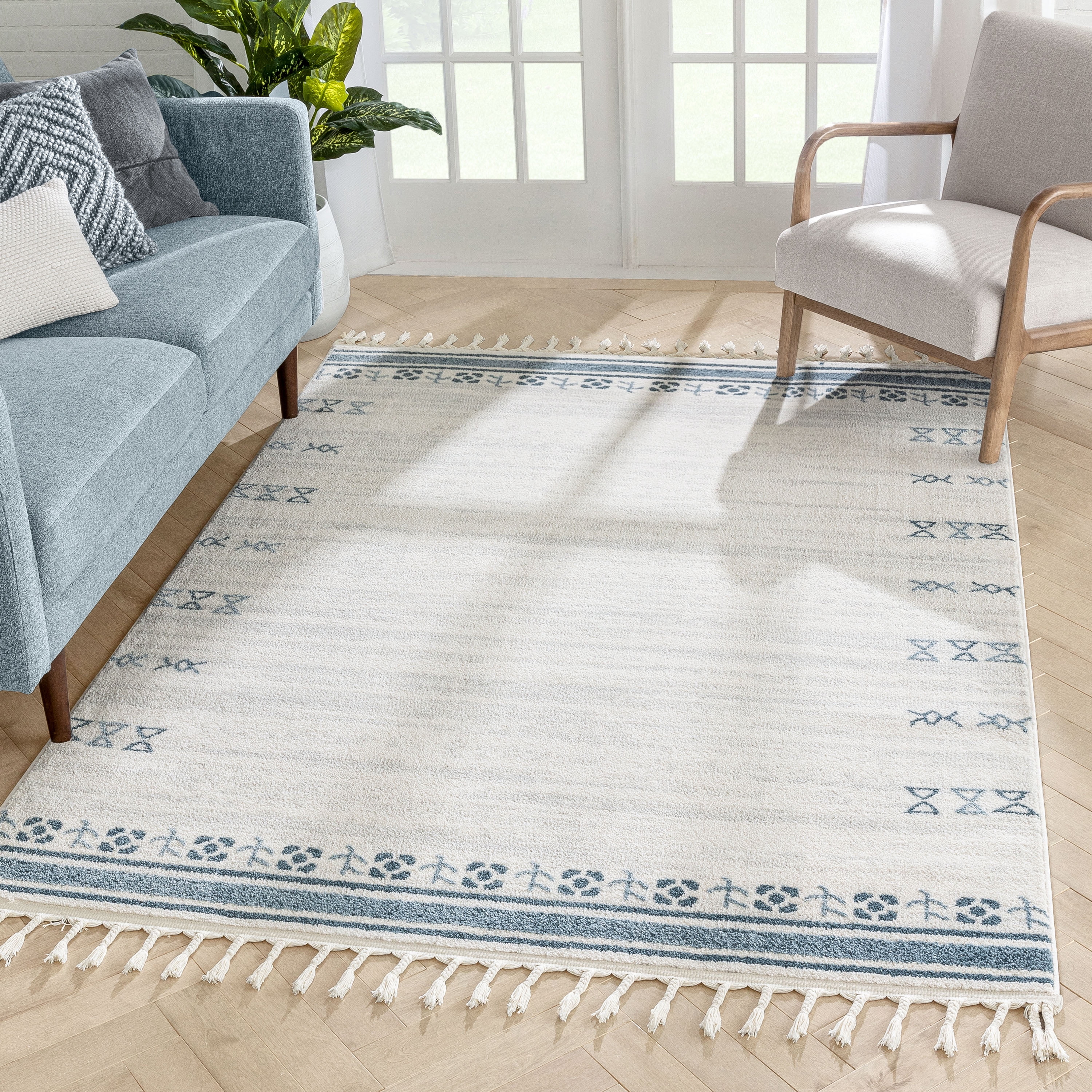 Well Woven Canapa Ivory & Blue Nordic Tribal Area Rug 8x10 (7'10" x 9
