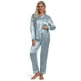 thumbnail image 2 of DAKIMOE Sleepwear Womens Silky Satin Pajamas Set Long Sleeve Nightwear Loungewear, Light Blue, XXL, 2 of 8