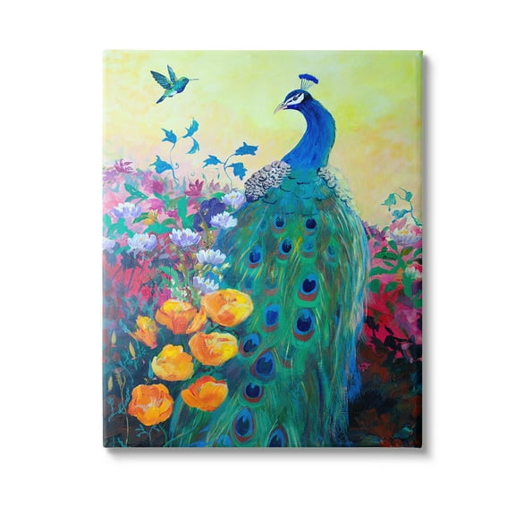 Stupell Industries Peacock & Garden Flowers Animals & Insects Painting Gallery Wrapped Canvas Art Print Wall Art, 16 x 20