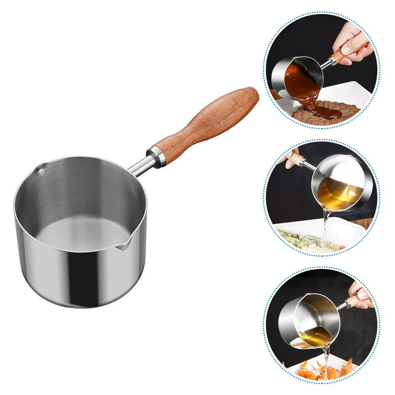 Stainless Steel Saucepan with Pour Spout and Silicone Mixing Shovel,0.3 Quart Mini Milk Pot Non Stick Small Sauce Pan Butter Warmer with Wooden Handle