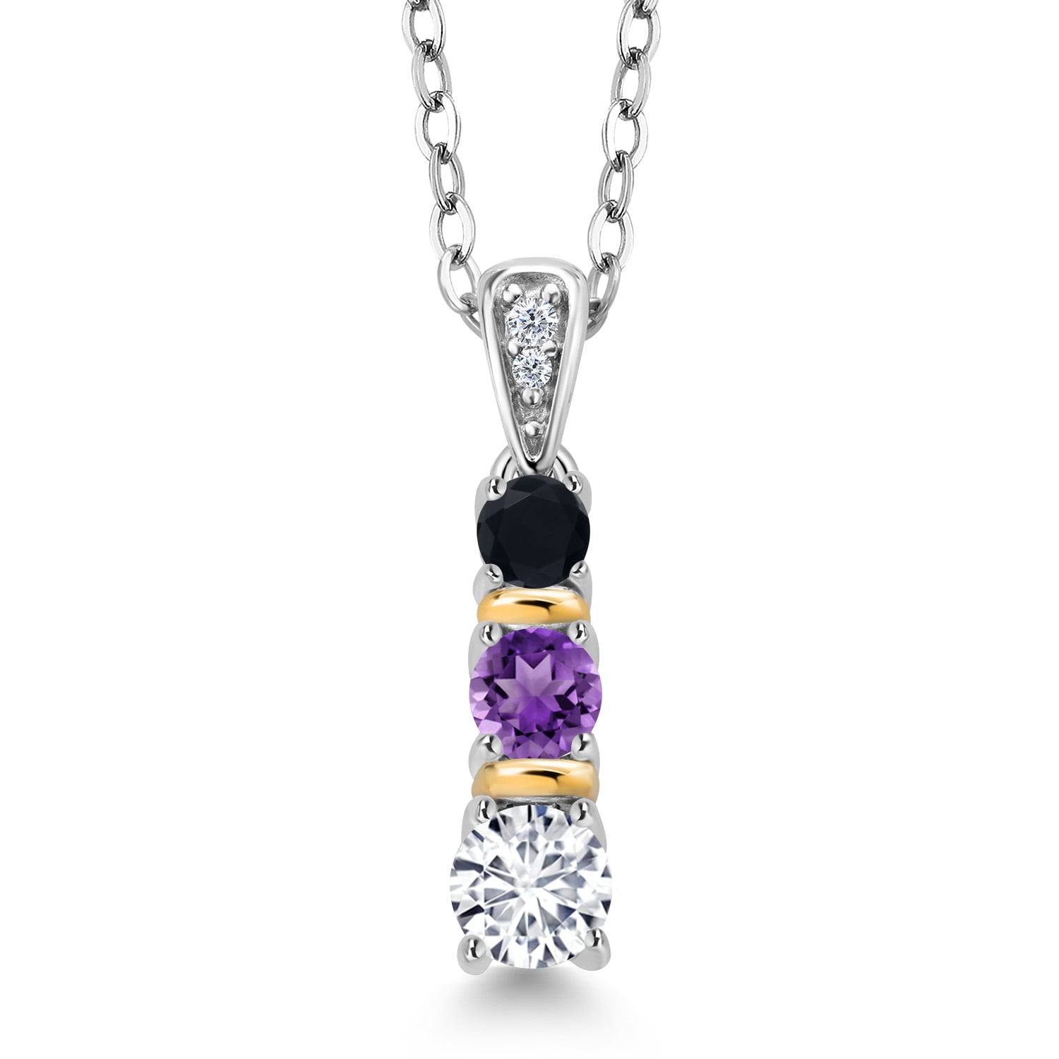 Gem Stone King 925 Silver and 10K Yellow Gold Round White Lab Grown Diamond Purple Amethyst and Black Onyx Pendant Necklace for Women (0.53 Cttw, Gemstone April Birthstone, with 18 inch Chain)