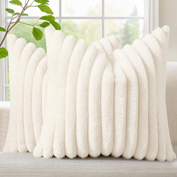 Faux Fur Spring Throw Pillow Covers 18x18 Set of 2, Decorative Soft Plush Striped Neutral Couch Euro Pillow Covers with Velvet Back for Sofa, Bed, Living Room Home Decor, Cream White