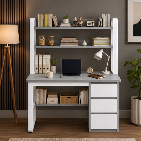 Escritorio para Computadora con 3 Cajones y Repisas, Mesa de Oficina Minimalista con Estante de 2 Niveles, Amplio Almacenamiento, 100x50x146 cm