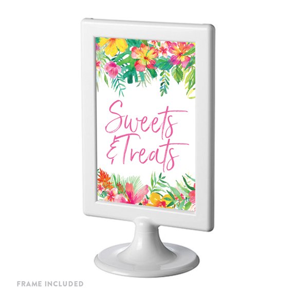 Tropical Floral Garden Party Party Signs, Sweets & Treats Dessert Table Sign, 4x6-inch, Includes Frame