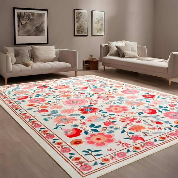 GUUCHA 6'x9'Area Rugs for Living Room Floral Print Rug Floor Carpet for Bedroom,Beige