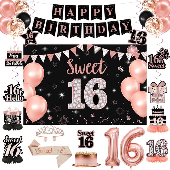 Sweet 16 Party Decorations,Black Rose Gold Happy 16th Birthday Banner Balloons Backdrop Hanging Swirls,Sweet 16 Sash and Tiara Cake Topper Honeycomb Centerpiece Sixteen Party Supplies for Girls C113
