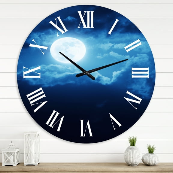Designart 'Full Moon In Cloudy Night Sky Iii' Nautical & Coastal Wall Clock