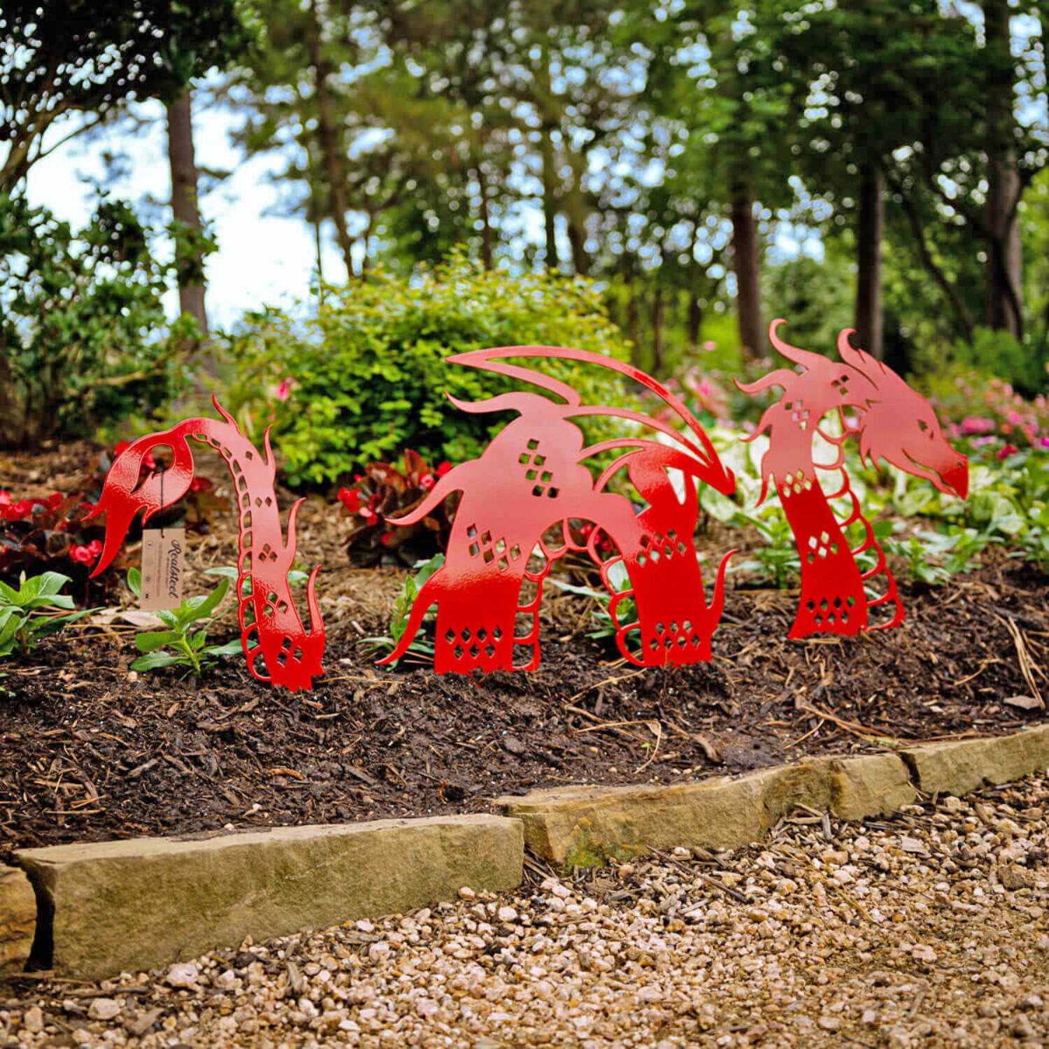 RealSteel Garden Art - Dragon Yard Decoration, 3-Piece Set with Built-In Stakes (8"x18"/ Green)