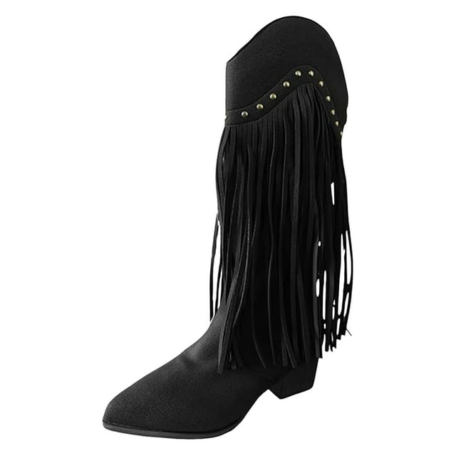 Bottes Cowboy Léopard pour Femmes Boho Longues à Franges Bout Pointu Larges Mi-Mollet Hautes d'Équitation Bottillons Cowgirl