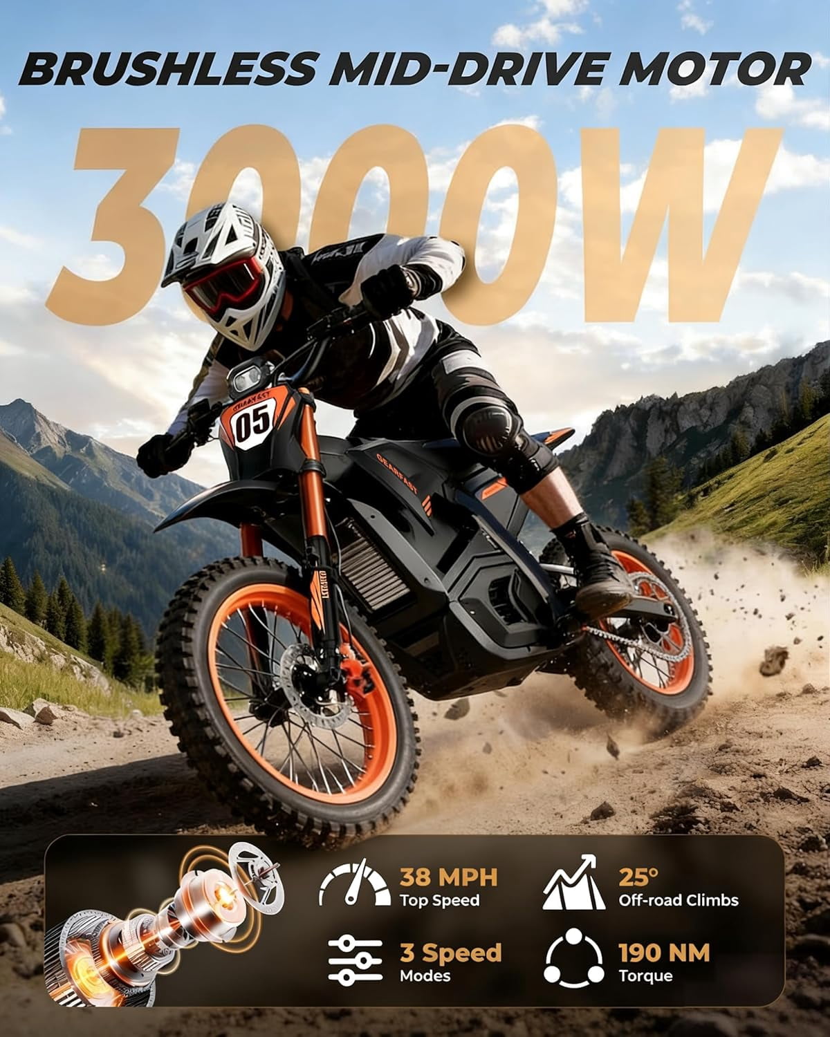 GOLUCKY Electric Dirt Bike, 3500W, 43MPH & 60 Miles, 48V/23.5AH Removable Battery, 14"/12" Tire, Hydraulic Brakes & Full Suspension, Mountain Off-Road E Dirt Bike