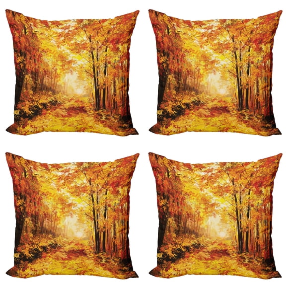 Ambesonne Nature Throw Pillow Cover 4 Pack, Autumn in Relax Forest, 20", Orange Brown