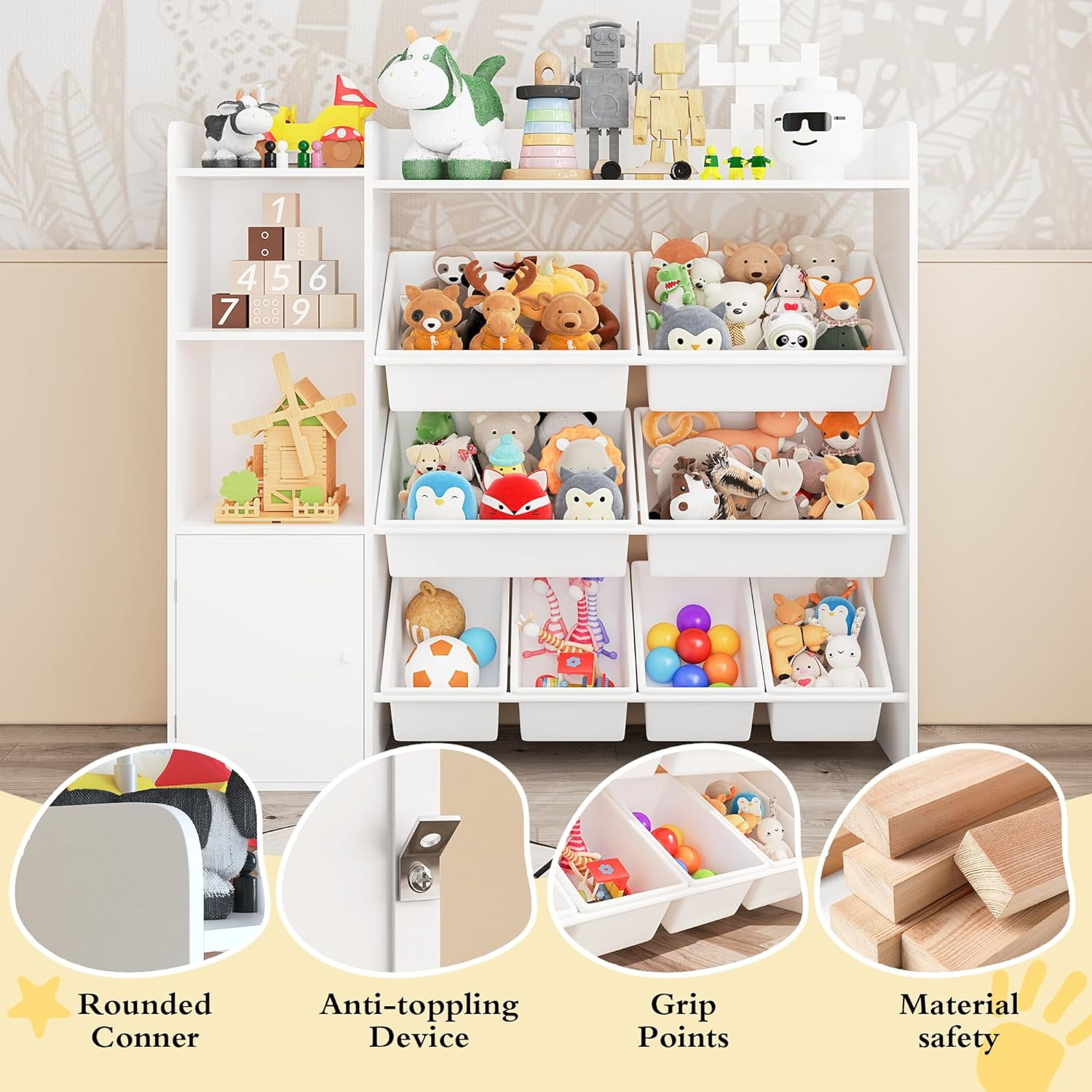Sunvasagoo Kids Toy Storage Organizer w/ 8 Removable Bins & Bookshelf, Engineered Wood
