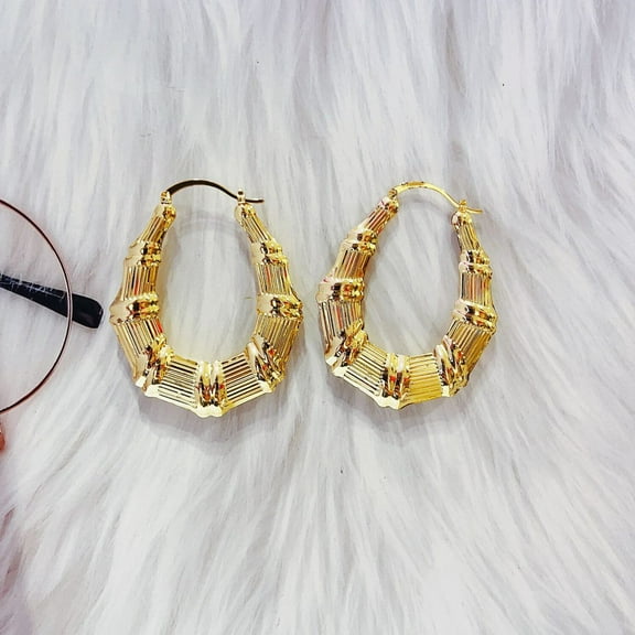 JoeytheJewelryNY 18k Layered Real Gold Filled oval bamboo hoop earrings #88