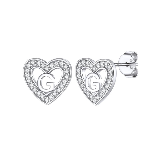 Pendientes de Botón Silvora de Corazón Inicial para Mujeres y Niñas Plata Esterlina Letra G con Zirconia Cúbica