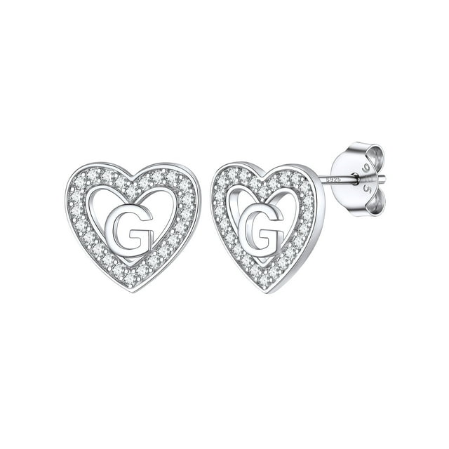 Pendientes de Botón Silvora de Corazón Inicial para Mujeres y Niñas Plata Esterlina Letra G con Zirconia Cúbica