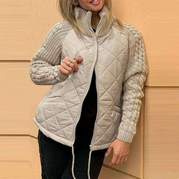 Women's Knit Patchwork Puffy Jacket Patchwork Jackets For Women Cozy Fall/Winter Outerwear Womens Hooded Twill Hooded Field Jacket Womens Women Winter Coat Long Women's Clothes Womens Fashion Women