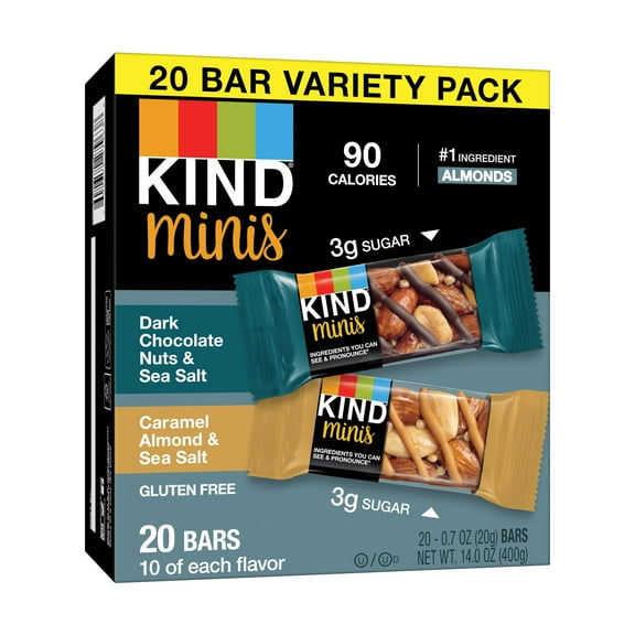 2 x - KIND Minis Snack Bars, Dark Chocolate Nuts & Sea Salt and Caramel Almond & Sea Salt, 3g Sugar, Gluten Free Bars, Variety Pack, 0.7 OZ, (20 Count)
