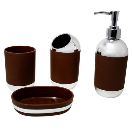 Bathroom Cup Dispensers - Deep Plastic and Rubber 4-Piece Bathroom Accessory Set; Includes 2 cups, 1 Soap Dispenser and 1 Soap Dish - Dark Brown and White