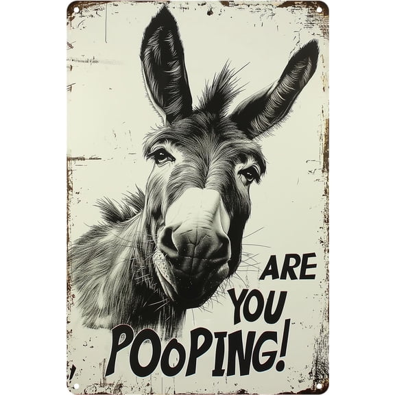 Funny Donkey "Are You Pooping?" Metal Tin Sign Vintage Farmhouse Bathroom Wall Décor, Humorous Bathroom Sign for Indoor & Outdoor Use, Rustic Home Wall Art Donkey Lovers Gift 8 x 6 Inch