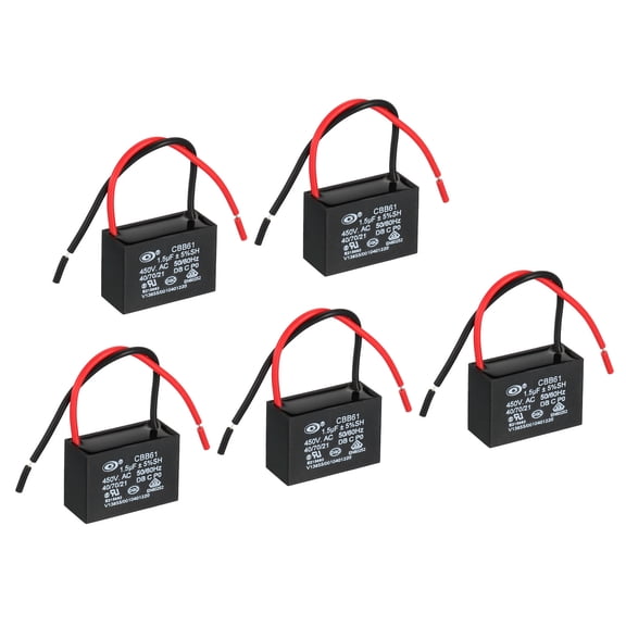 CBB61 Ceiling Fan Capacitor, 5Pcs 1.5uF 450V AC 50/60HZ with 2 Wires 37x28x25mm