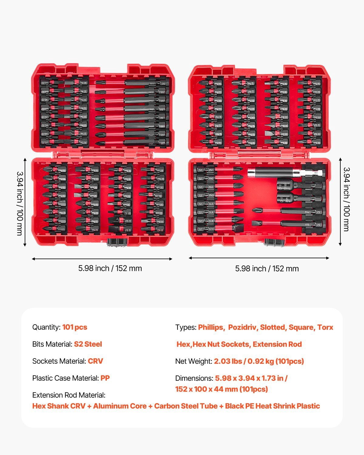 101-Piece Magnetic Screwdriver Bit Set - Blackened Finish Premium Cr-V Steel Bits with Portable Storage Case - Fits Drill, Impact Driver & Hand Tools - Phillips, Slotted, Torx, Hex & Square Bits