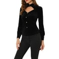 thumbnail image 4 of MODA NOVA Juniors Gochic Ruffled Stand Collar Cutout Long Sleeve Velvet Blouse, 4 of 5