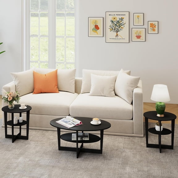 Living Room Coffee Table Set of 3, Wooden Center Table with 2 Round End Tables & Open Storage