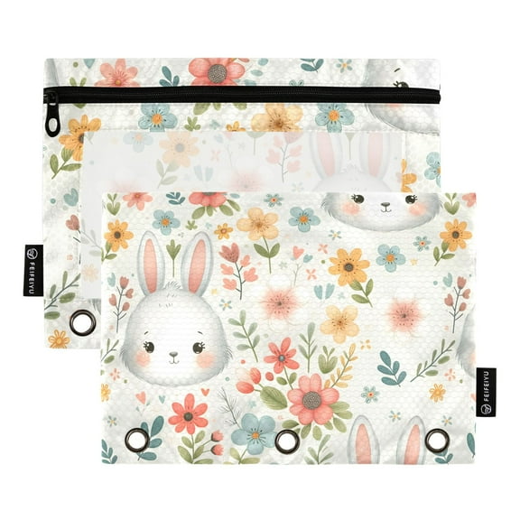 Cute Rabbit Face and Flowers 2 Pack Pencil Pouch for 3 Ring Binder Smooth Zipper Folders with Pockets Clear Window Pencil Case